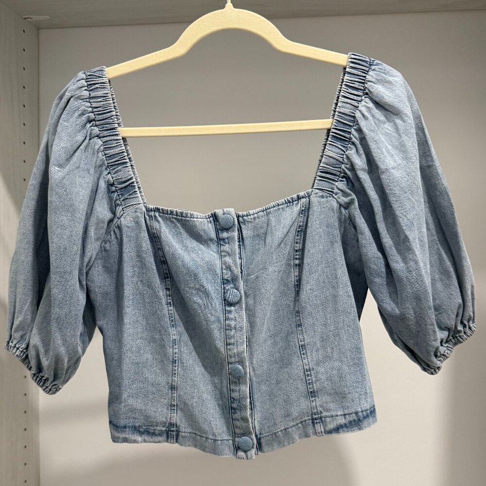 VICI Denim Crop Top Button Down Puff Sleeve Blouse